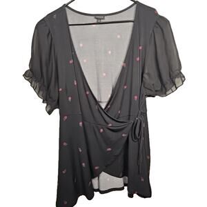 Torrid Wrap Top Shirt Size 3 3X Black Red Roses Sheer Puff Sleeves Side Tie